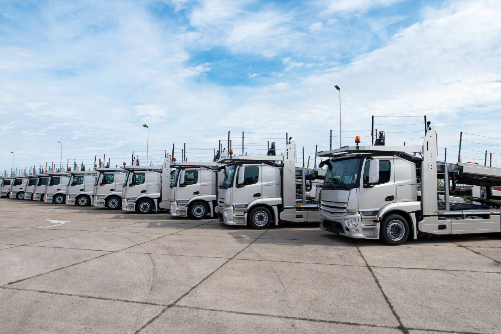 Several auto carriers standing in a line waiting for loading. 